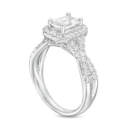 1.5 CT. TW Emerald-Cut Lab-Grown Diamond Frame Twist Shank Engagement Ring in 14K White Gold (F/VS2)