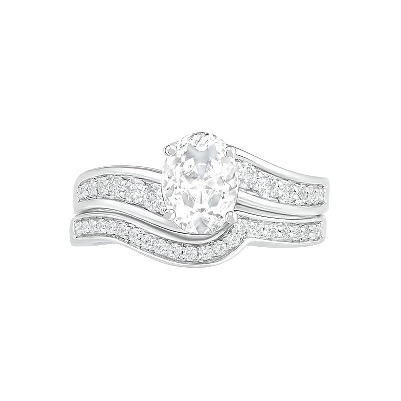 Oval White Lab-Created Sapphire Bypass Bridal Set in Sterling Silver