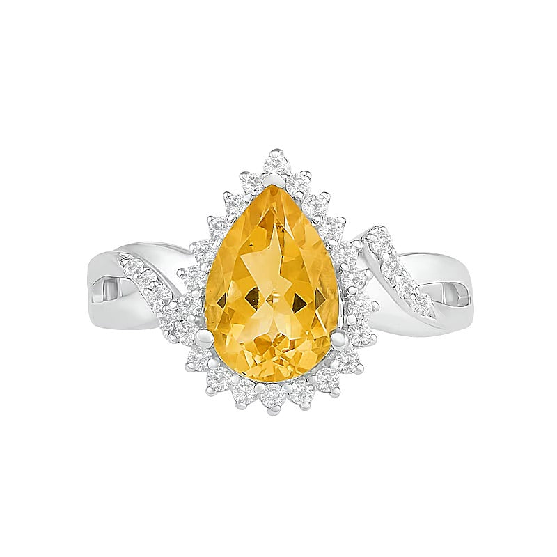Pear-Shaped Citrine and White Lab-Created Sapphire Starburst Frame Twist Split Shank Ring in Sterling Silver