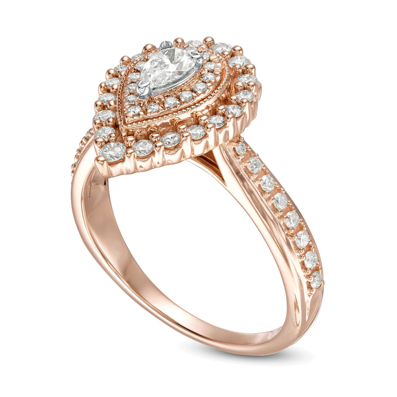 0.63 CT. TW Pear-Shaped Diamond Double Frame Stepped Edge Vintage-Style Engagement Ring in 10K Rose Gold