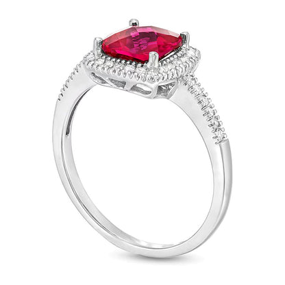 7.0mm Checkerboard Cushion-Shaped Lab-Created Ruby and 0.2 CT. TW Diamond Frame Ring in 10K White Gold