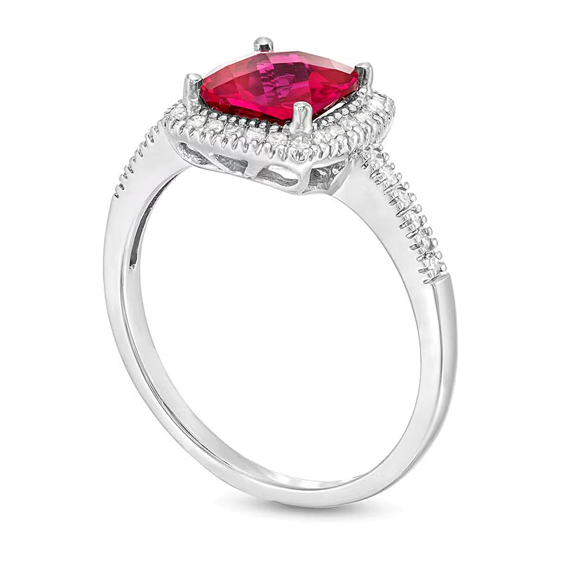 7.0mm Checkerboard Cushion-Shaped Lab-Created Ruby and 0.2 CT. TW Diamond Frame Ring in 10K White Gold