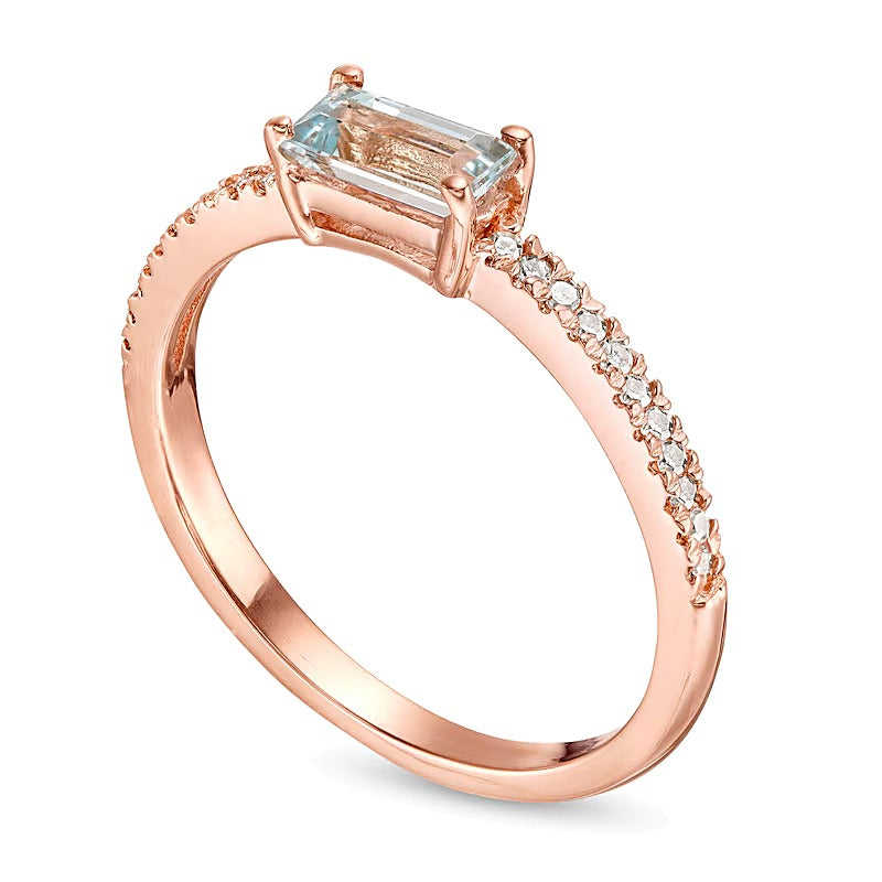Sideways Baguette Aquamarine and 0.1 CT. TW Diamond Stackable Ring in 10K Rose Gold