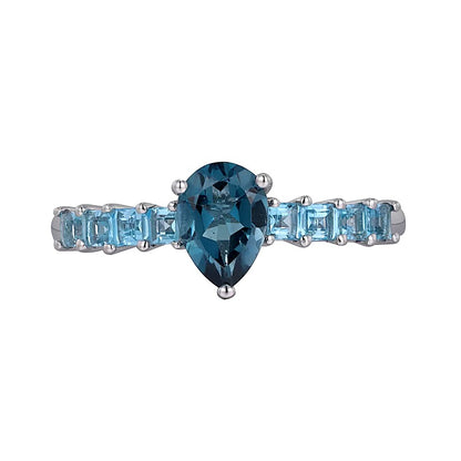Pear-Shaped London Blue Topaz and Princess-Cut Swiss Blue Topaz Ring in 10K White Gold