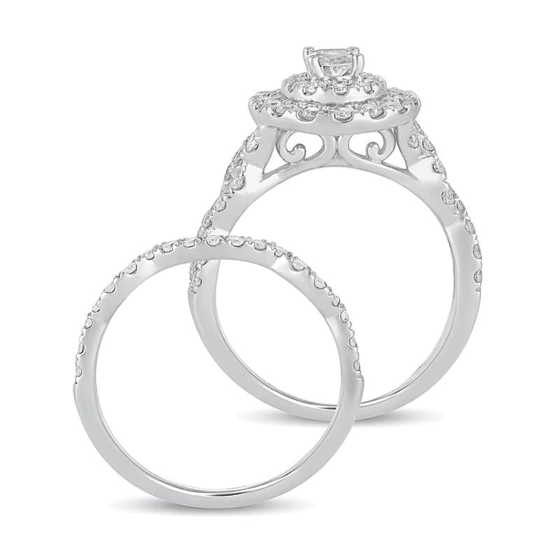 1.5 CT. TW Oval Diamond Double Frame Multi-Row Bridal Set in 10K White Gold