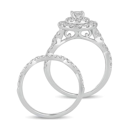1.5 CT. TW Oval Diamond Double Frame Multi-Row Bridal Set in 10K White Gold