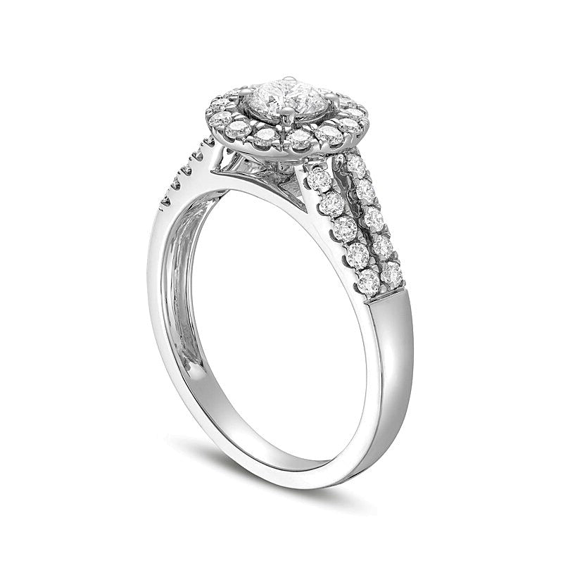 1.0 CT. TW Diamond Frame Double Row Split Shank Engagement Ring in 14K White Gold (I/I2)