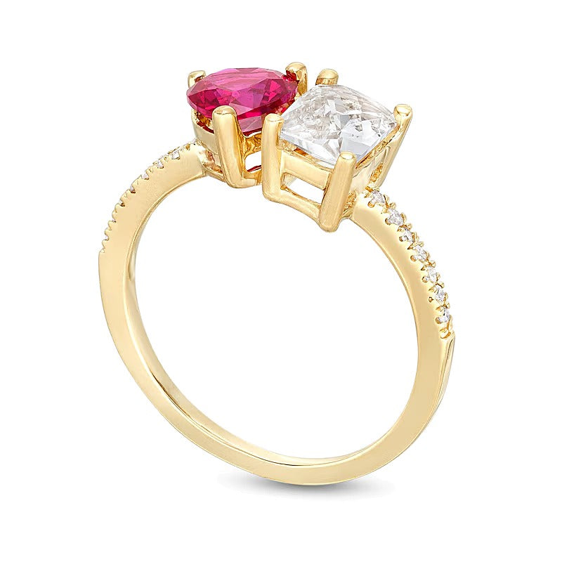 Heart-Shaped Lab-Created Ruby, Emerald-Cut White Lab-Created Sapphire and 0.07 CT. TW Diamond Ring in 10K Gold