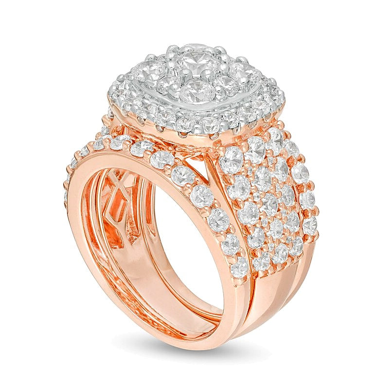 3.75 CT. TW Diamond Double Cushion Frame Multi-Row Three Piece Bridal Set in 10K Rose Gold