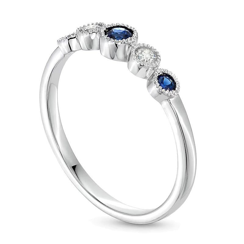 Alternating Blue Sapphire and 0.1 CT. TW Diamond Five Stone Vintage-Style Ring in 10K White Gold