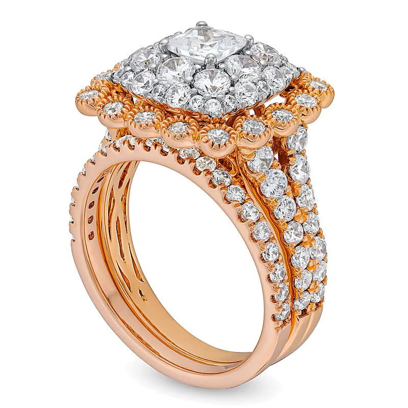 2.75 CT. TW Cushion Multi-Diamond Bubble Frame Vintage-Style Bridal Set in 10K Rose Gold
