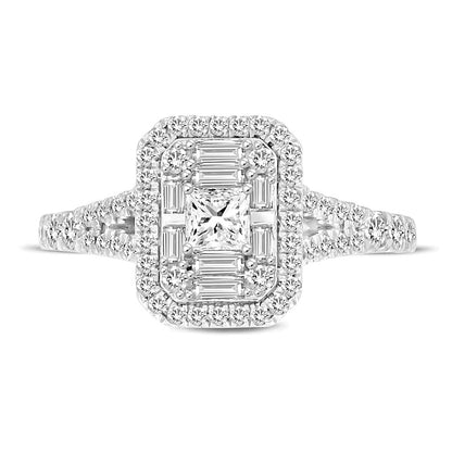 0.75 CT. TW Emerald-Shaped Multi-Diamond Frame Split Shank Engagement Ring in 10K White Gold