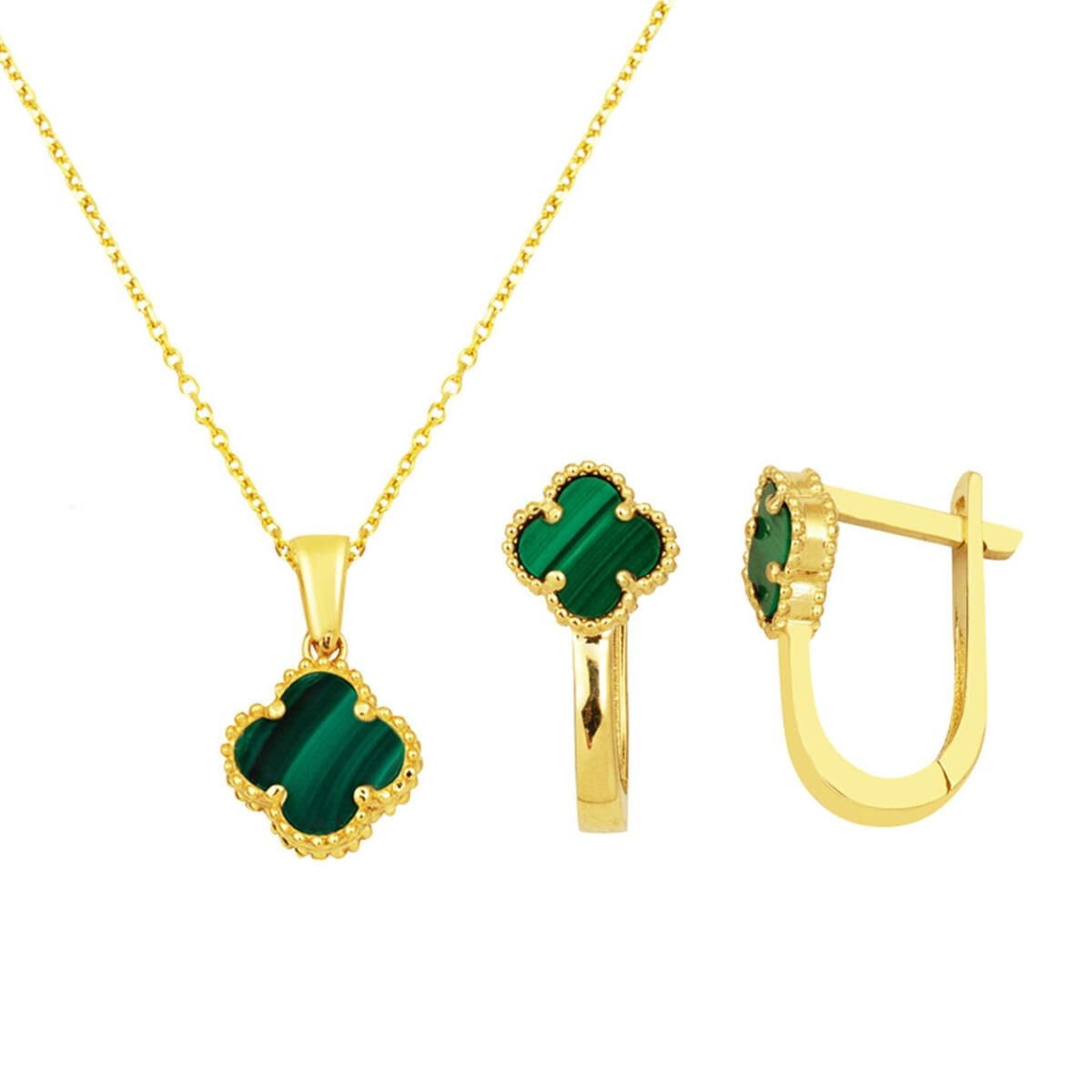 14K Yellow Gold Green Clover Double Set with Cubic Zirconia
