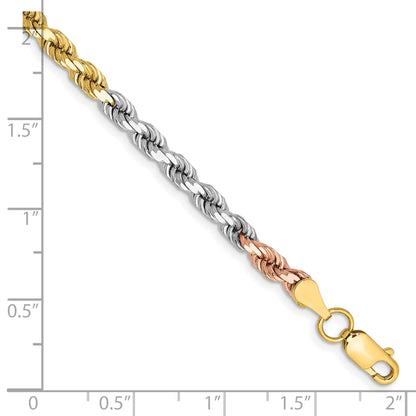 14k Tri-Color Tri-colored 7 inch 4mm Diamond-cut Rope with Lobster Clasp Chain