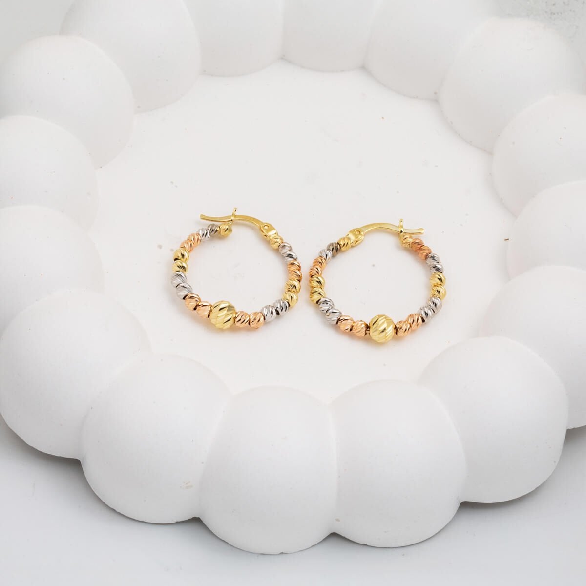 14K Yellow Gold Tri-Color Gold Bead Hoop Earrings (3.89 g)