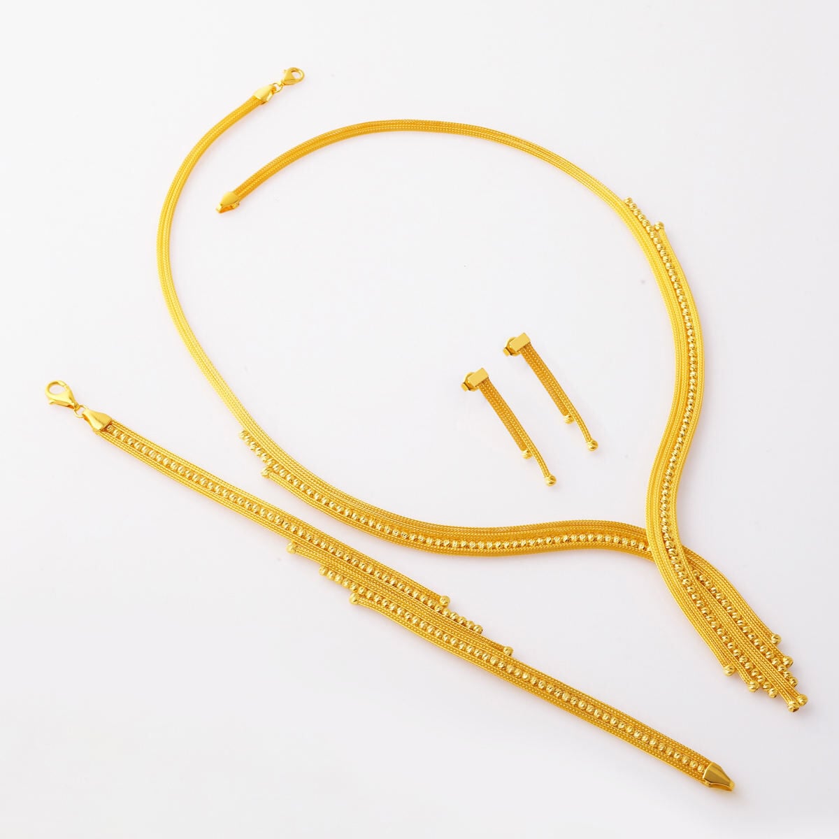 14K Yellow Gold Bead Engraved Braided Jewelry Set