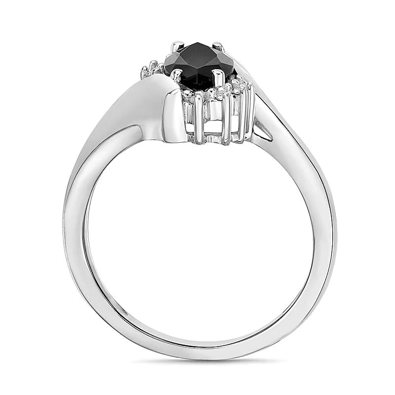 Marquise Black Onyx and Diamond Accent Beaded Starburst Border Bypass Ring in 10K White Gold