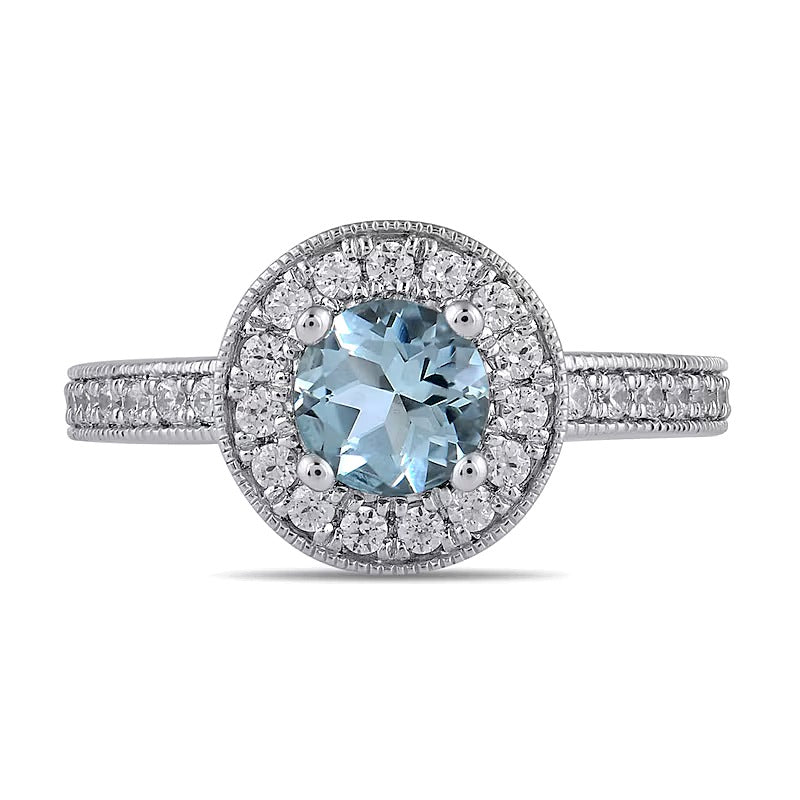 6.0mm Aquamarine and 0.38 CT. TW Lab-Grown Diamond Frame Vintage-Style Ring in 14K White Gold