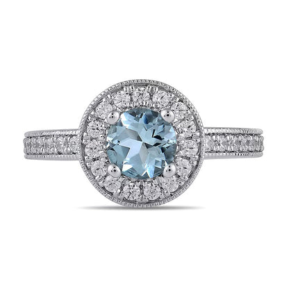 6.0mm Aquamarine and 0.38 CT. TW Lab-Grown Diamond Frame Vintage-Style Ring in 14K White Gold