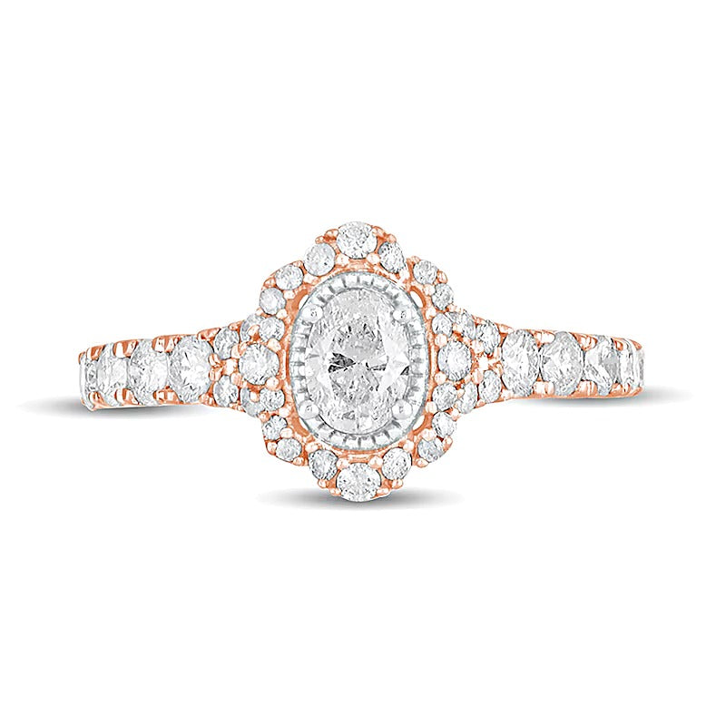 1.0 CT. TW Oval Diamond Scallop Frame Vintage-Style Engagement Ring in 14K Rose Gold