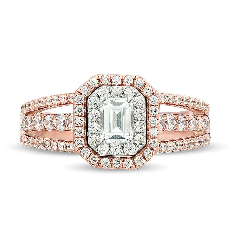 1.0 CT. TW Emerald-Cut Diamond Double Frame Multi-Row Engagement Ring in 14K Two-Tone Gold (I/SI2)