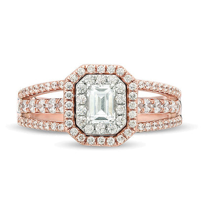 1.0 CT. TW Emerald-Cut Diamond Double Frame Multi-Row Engagement Ring in 14K Two-Tone Gold (I/SI2)