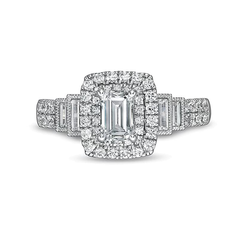 1.2 CT. TW Emerald-Cut Diamond Frame Vintage-Style Tiered Shank Engagement Ring in 14K White Gold (I/I1)