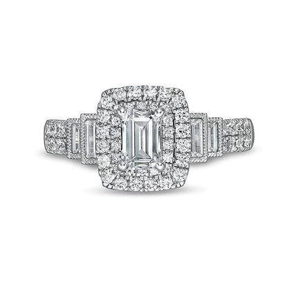 1.2 CT. TW Emerald-Cut Diamond Frame Vintage-Style Tiered Shank Engagement Ring in 14K White Gold (I/I1)