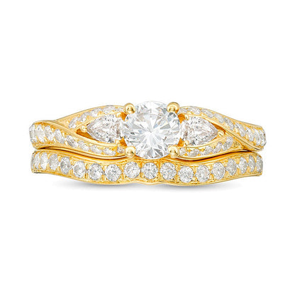1.38 CT. TW Diamond Bypass Ribbon Three Stone Bridal Set in 14K Gold