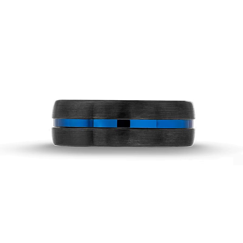 8.0mm Split Brushed Beveled Edge Band in Blue and Black Ion-Plated Tungsten
