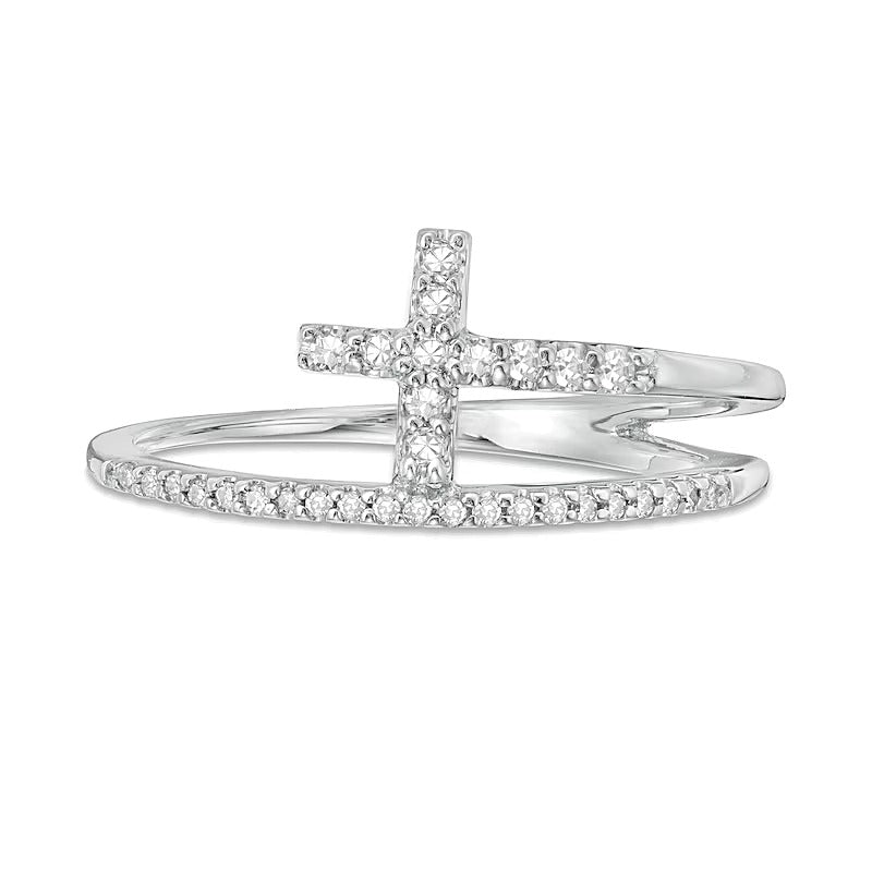 0.17 CT. TW Diamond Cross Split Shank Stacked Ring in 10K White Gold