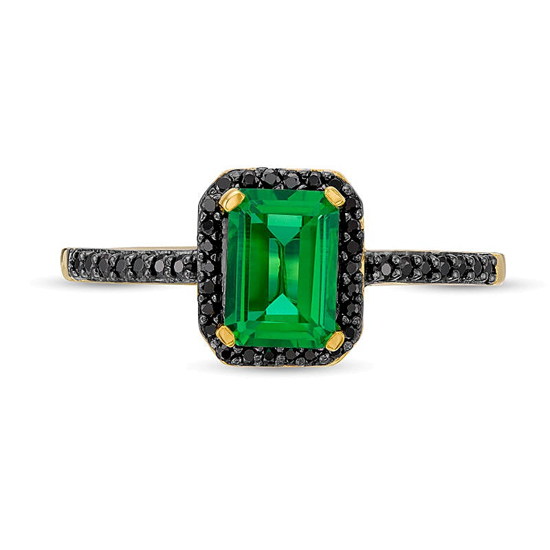 Emerald-Cut Lab-Created Emerald and 0.13 CT. TW Black Diamond Frame Ring in 10K Gold