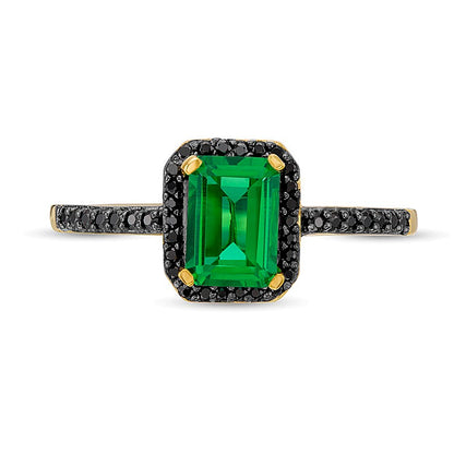 Emerald-Cut Lab-Created Emerald and 0.13 CT. TW Black Diamond Frame Ring in 10K Gold