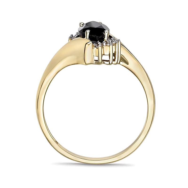 Marquise Black Onyx and Diamond Accent Beaded Starburst Border Bypass Ring in 10K Gold