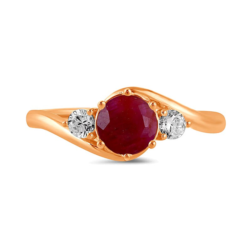 6.0mm Ruby and 0.2 CT. TW Lab-Grown Diamond Three Stone Bypass Ring in 14K Rose Gold