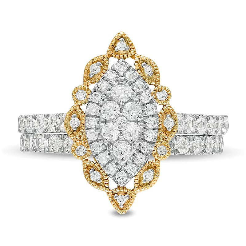 1.0 CT. TW Multi-Diamond Scallop Marquise Frame Vintage-Style Bridal Set in 10K Gold