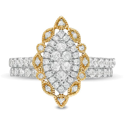 1.0 CT. TW Multi-Diamond Scallop Marquise Frame Vintage-Style Bridal Set in 10K Gold