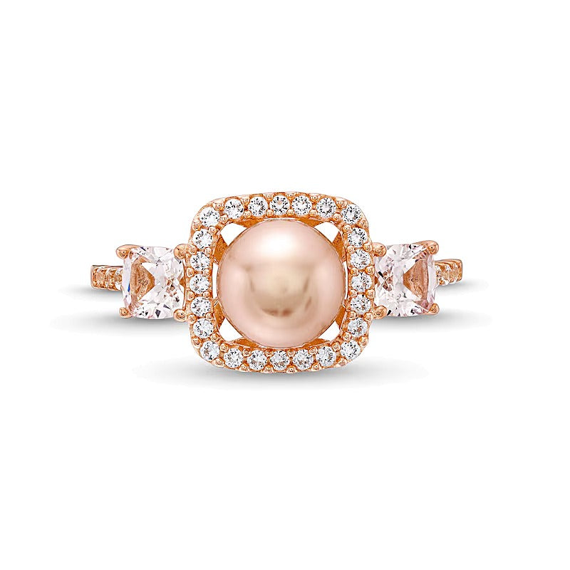 0.2 CT. TW Diamond, White Lab-Created Sapphire and Freshwater Cultured Pearl Ring in 10K Rose Gold