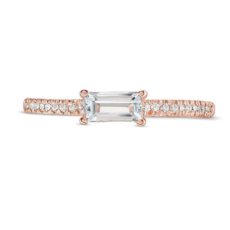 Sideways Baguette Aquamarine and 0.1 CT. TW Diamond Stackable Ring in 10K Rose Gold