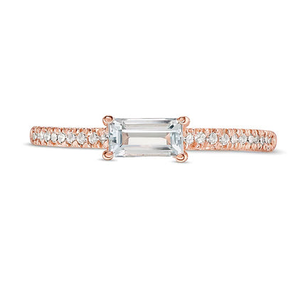 Sideways Baguette Aquamarine and 0.1 CT. TW Diamond Stackable Ring in 10K Rose Gold