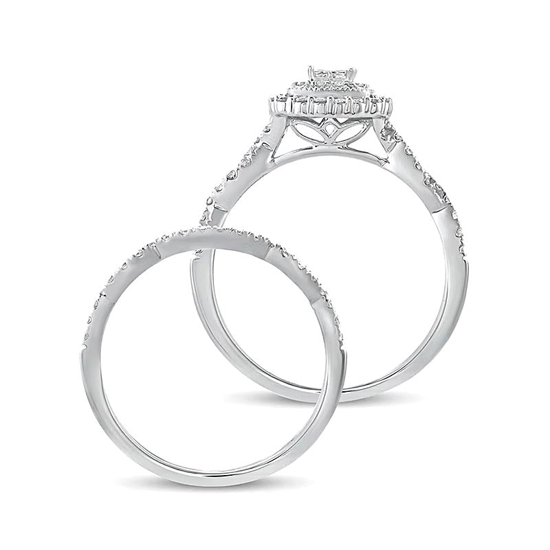0.5 CT. TW Quad Princess-Cut Diamond Cushion Frame Twist Shank Bridal Set in 10K White Gold