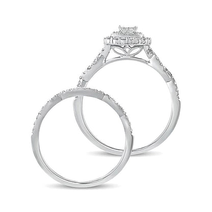 0.5 CT. TW Quad Princess-Cut Diamond Cushion Frame Twist Shank Bridal Set in 10K White Gold