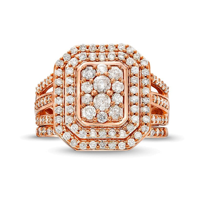 1.25 CT. TW Emerald Multi-Diamond Elongated Octagon Frame Split Shank Bridal Set in 10K Rose Gold