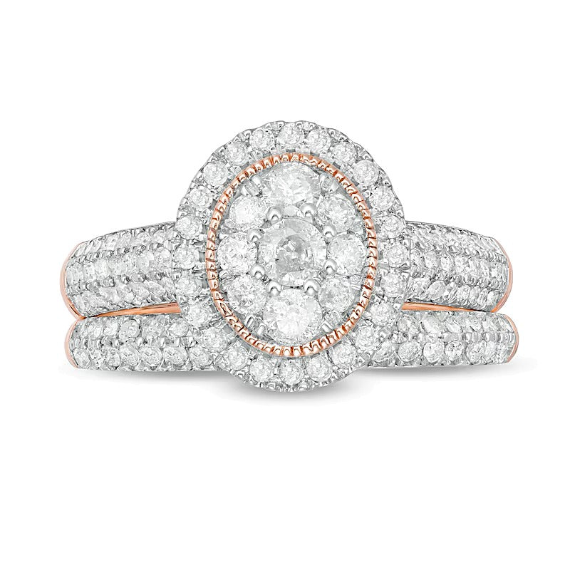 1.0 CT. TW Multi-Diamond Oval Frame Vintage-Style Bridal Set in 10K Rose Gold