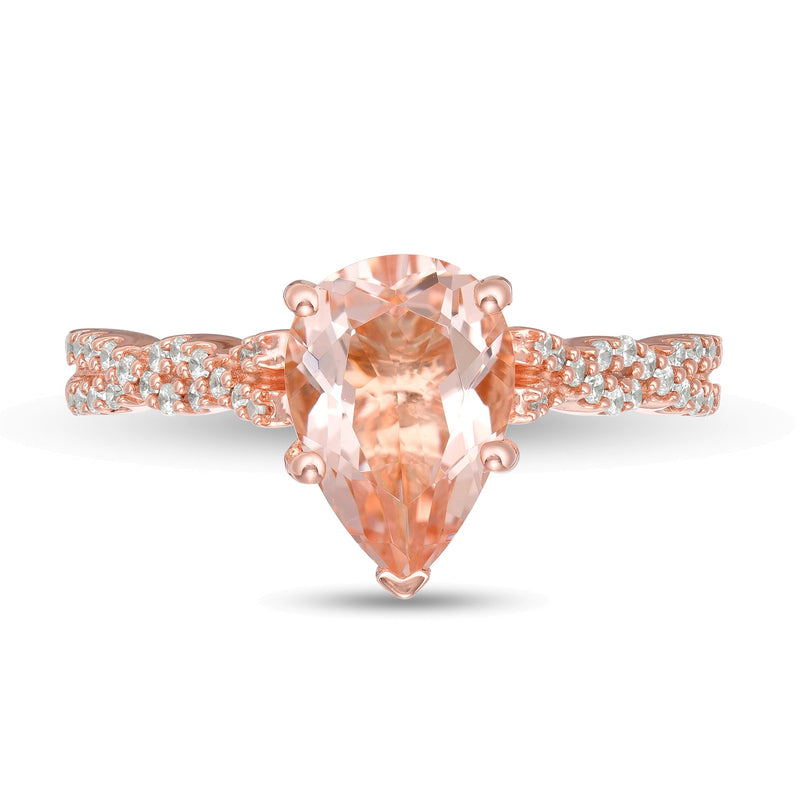 Pear-Shaped Morganite and 0.2 CT. TW Diamond Twist Shank Engagement Ring in 10K Rose Gold