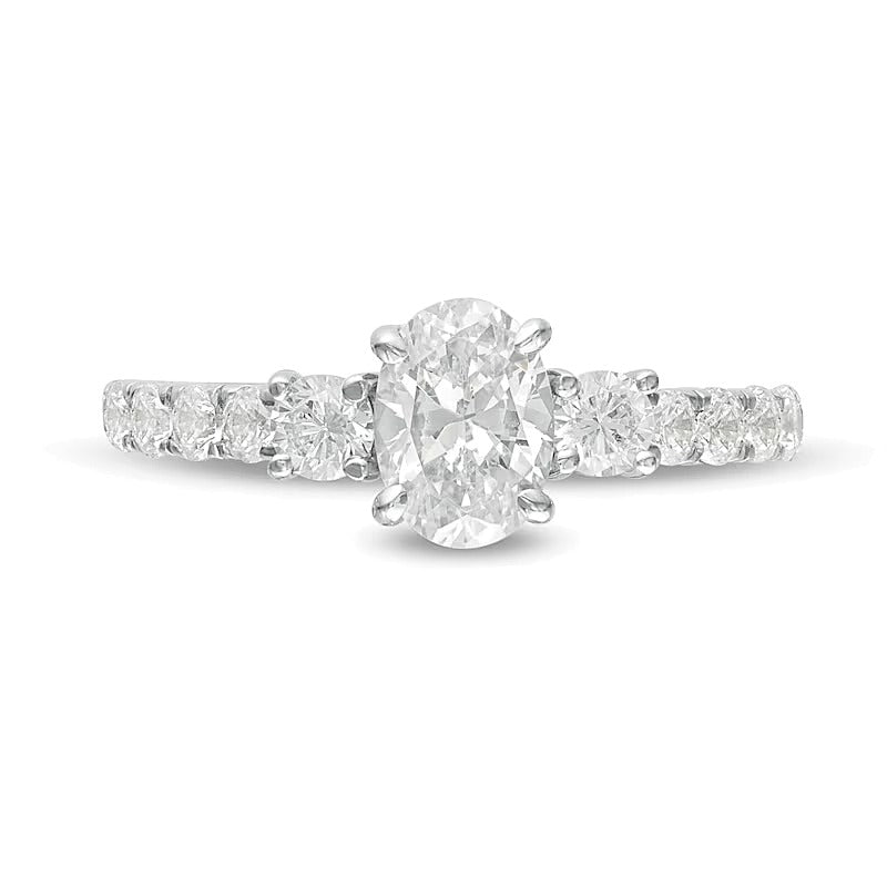 1.33 CT. TW Oval Diamond Three Stone Engagement Ring in 14K White Gold