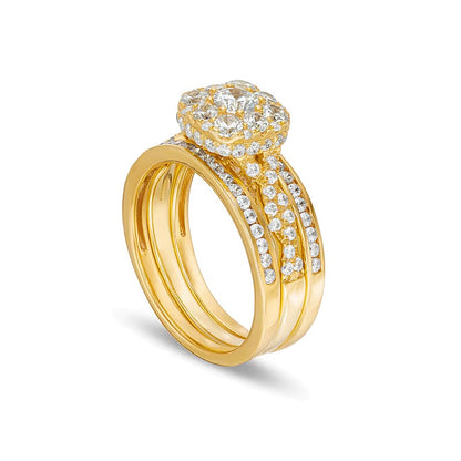 1.5 CT. TW Cushion Multi-Diamond Twist Shank Three Piece Bridal Set in 10K Gold