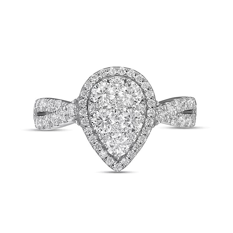 Previously Owned 1.25 CT. TW Composite Pear-Shaped Diamond Frame Twist Shank Engagement Ring in 14K White Gold