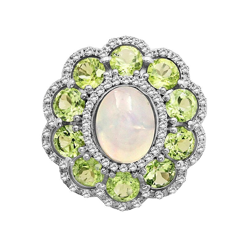 Oval Opal and Peridot with White Lab-Created Sapphire Edge Scallop Petal Frame Floral Ring in Sterling Silver