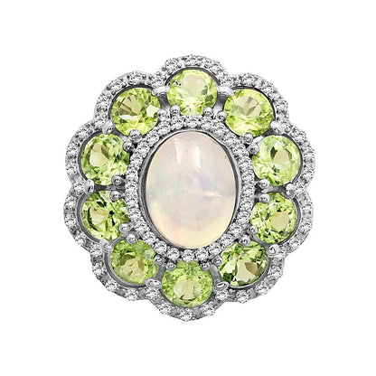 Oval Opal and Peridot with White Lab-Created Sapphire Edge Scallop Petal Frame Floral Ring in Sterling Silver